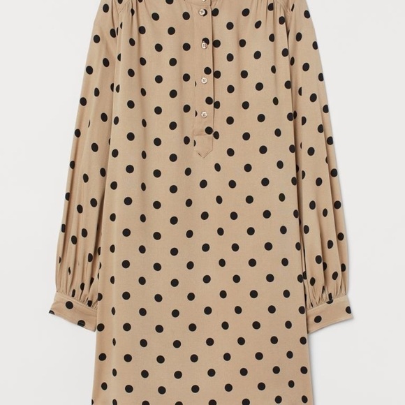 H&m Short Balloon-Sleeved Tunic Dress Beige And Black Dotted Size Medium NWT - Picture 2 of 12